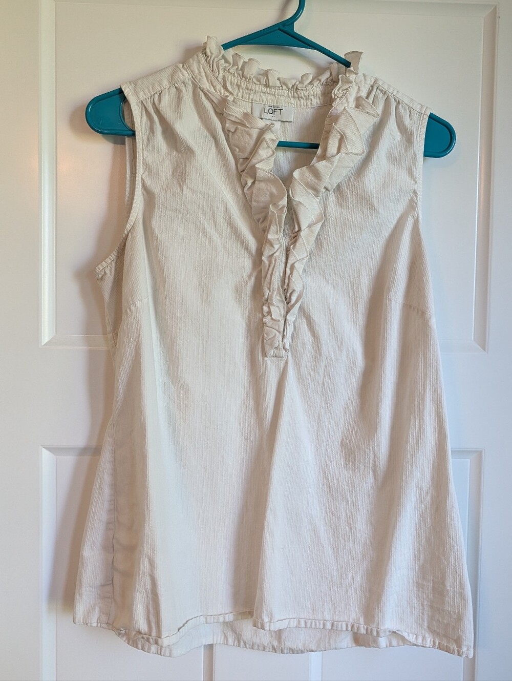 LOFT Cotton Cream Ruffle Neck Sleeveless Blouse